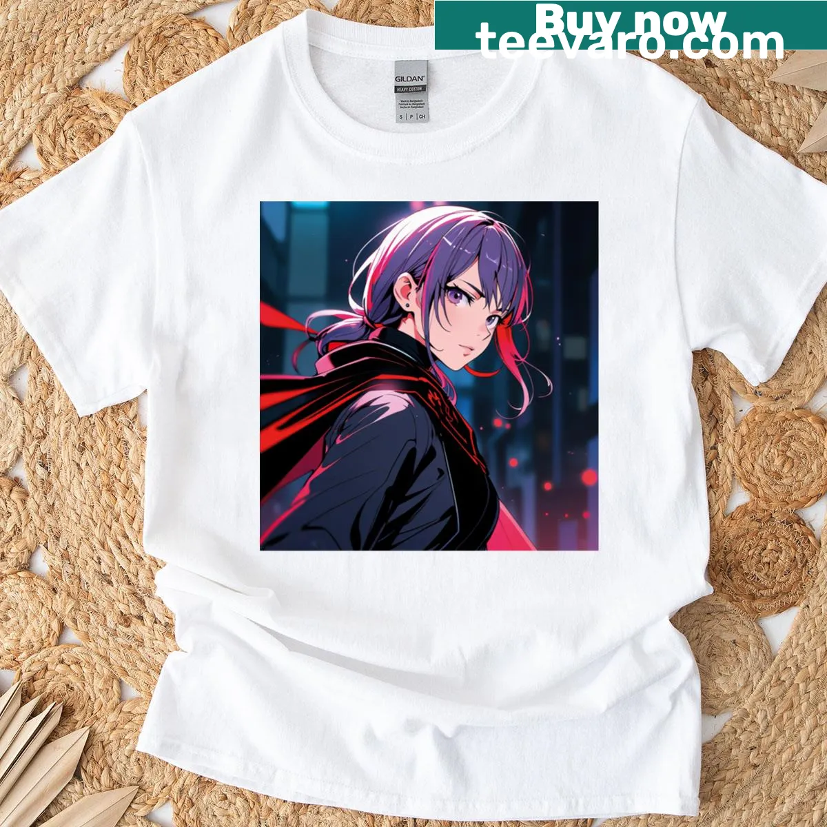Illustrated T-shirt featuring a warrior girl with lilac hair — on a men's t-shirt