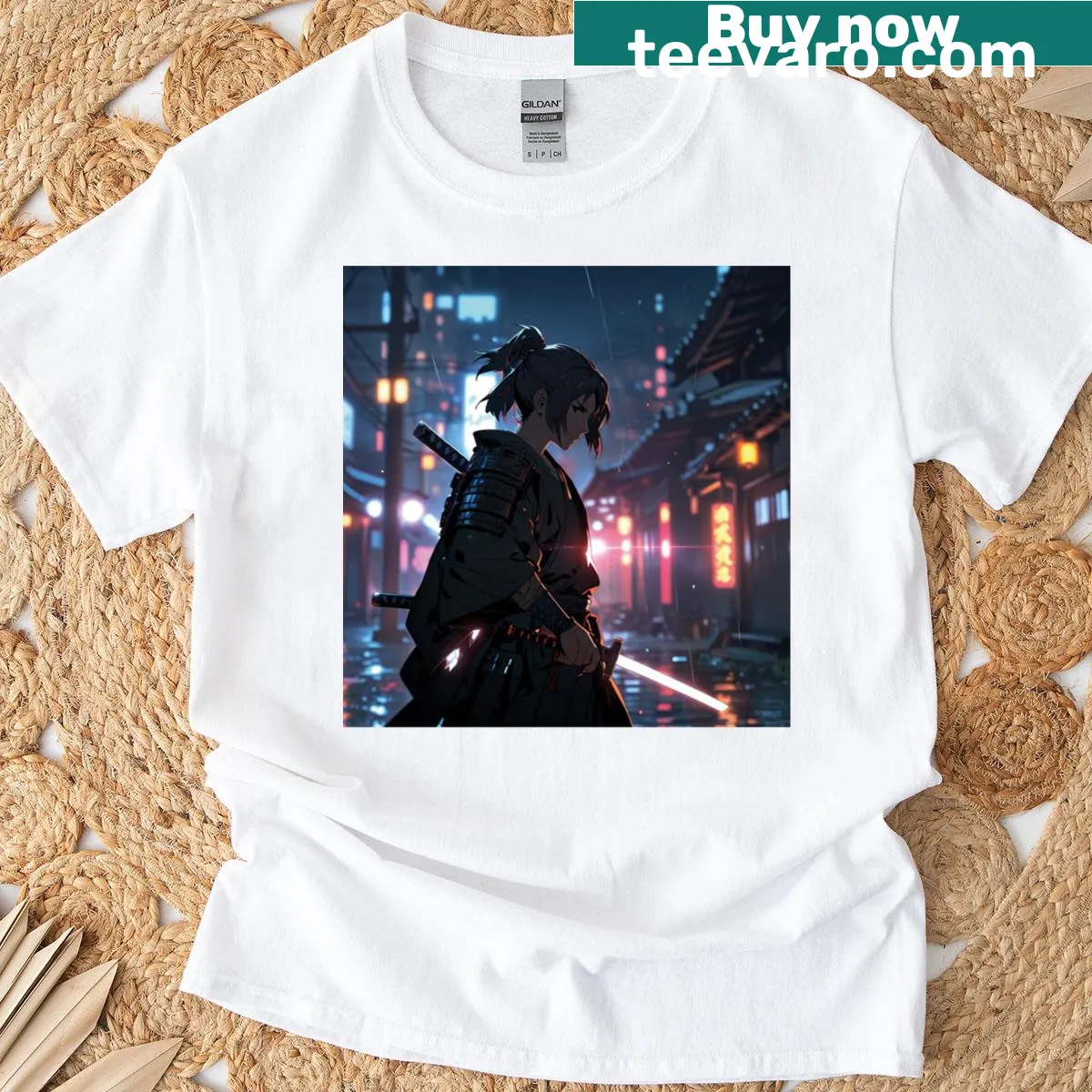 Illustration of a warrior girl in samurai armor, showcasing strength. — on a men's t-shirt