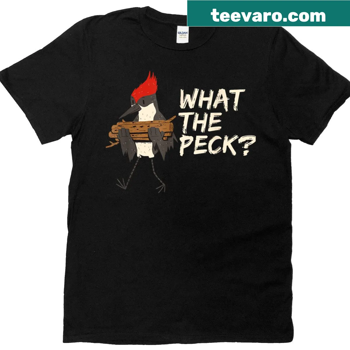Funny T-shirt featuring a cartoon woodpecker and humorous text. — on a men's t-shirt
