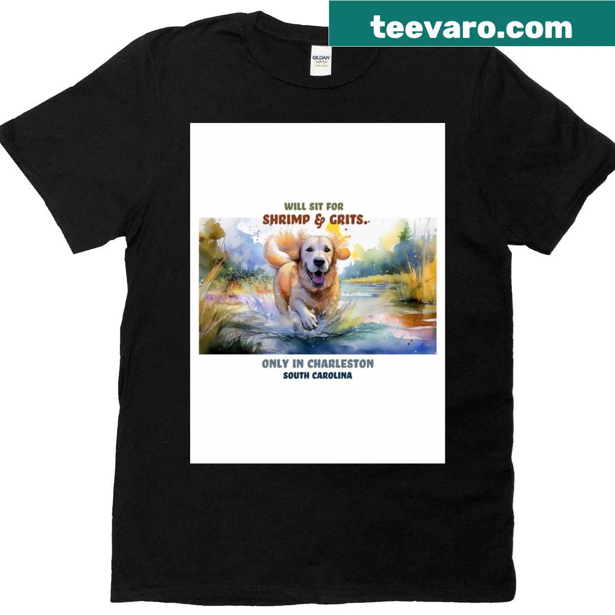 Graphic t-shirt with a golden retriever and shrimp & grits text — on a men's t-shirt