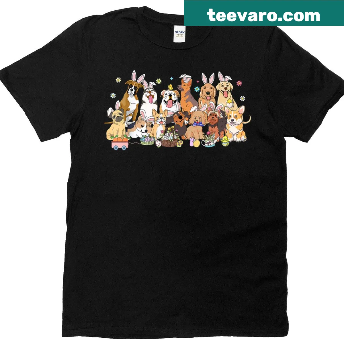Cute T-shirt for dog lovers featuring bunnies and egg-hunting dogs. — on a men's t-shirt