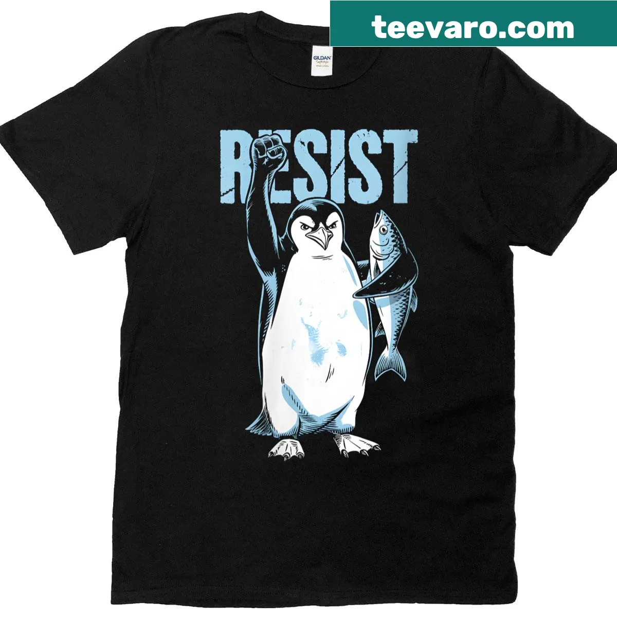 Illustrated T-shirt with penguins symbolizing activism and resistance — on a men's t-shirt
