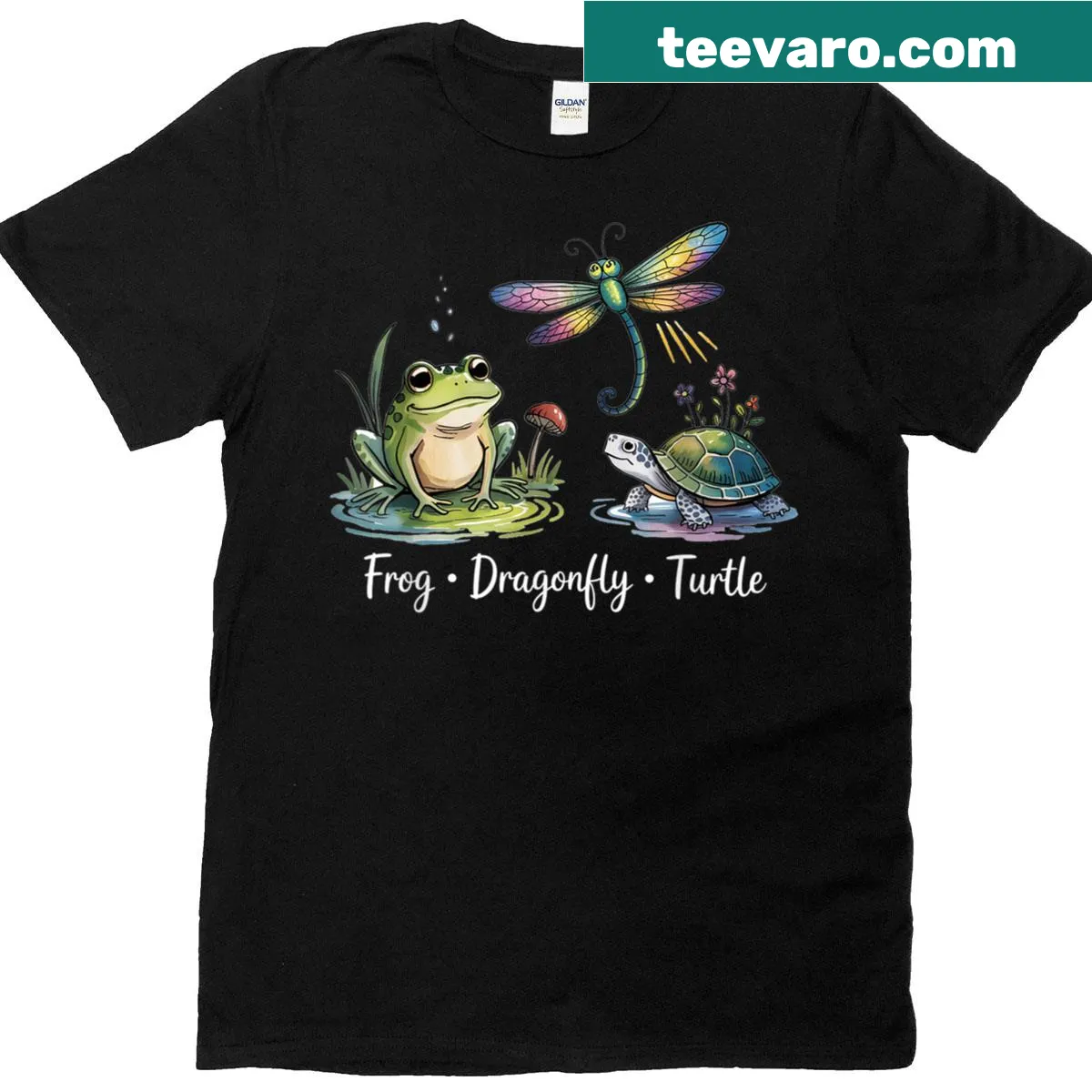 T-shirt featuring a whimsical frog and turtle design with humor — on a men's t-shirt