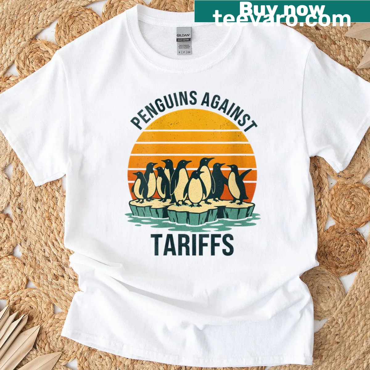 Funny penguins protesting against tariffs illustrated on T-shirt — on a men's t-shirt