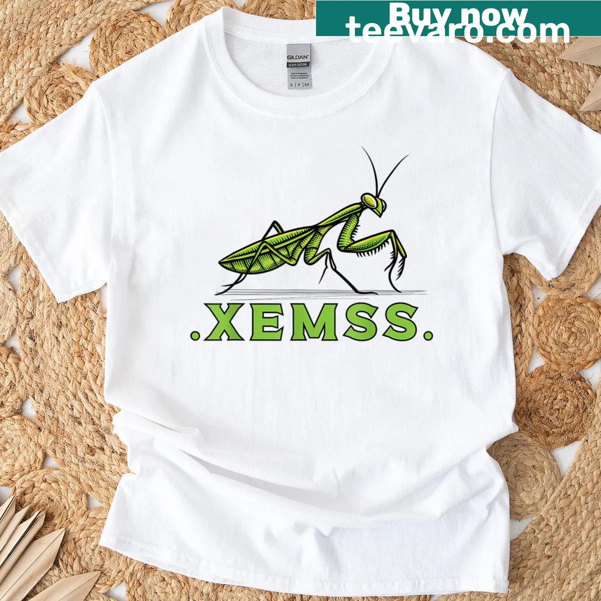 Bold graphic T-shirt featuring a green praying mantis — on a men's t-shirt
