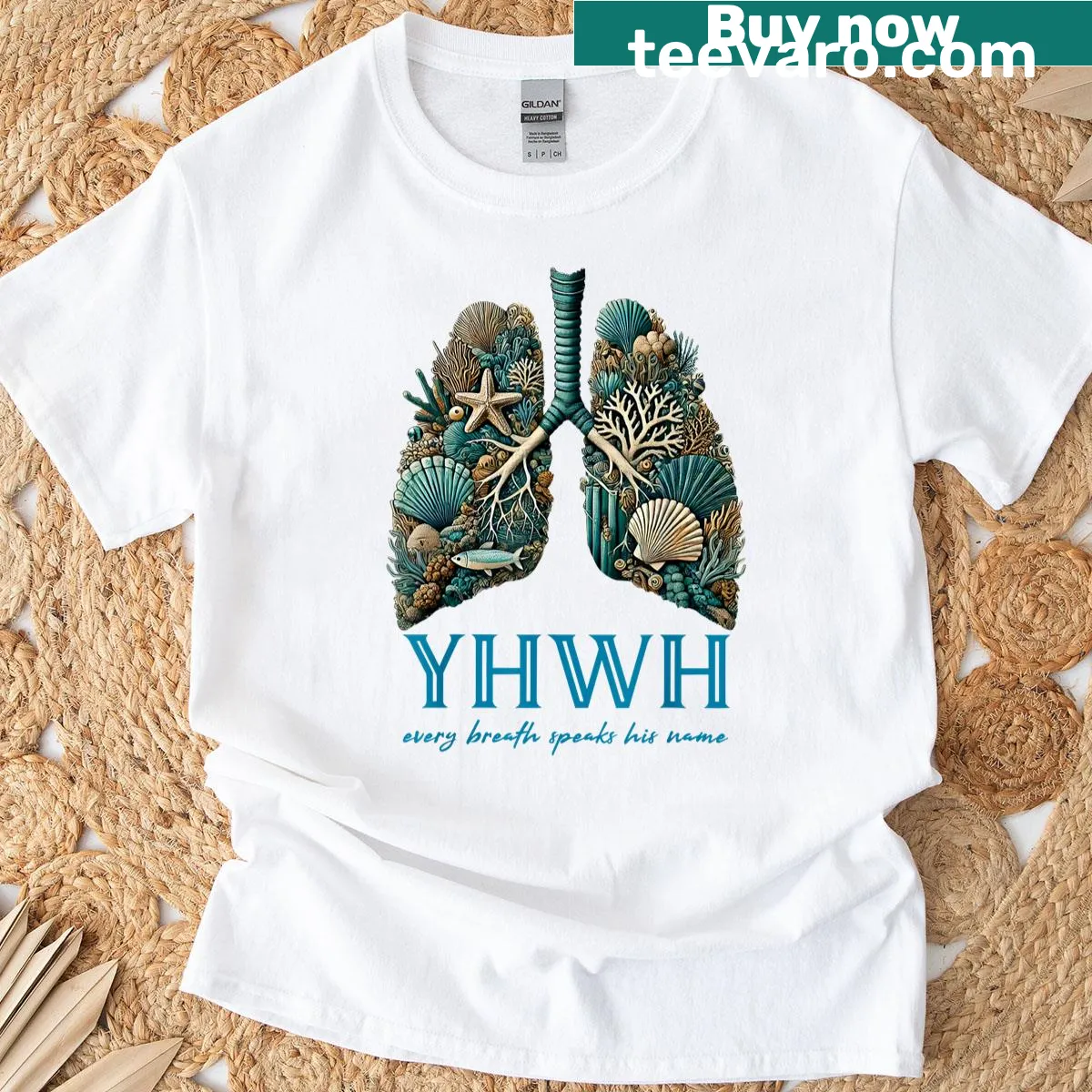 Beach-themed Christian T-shirt with lungs and inspirational text — on a men's t-shirt