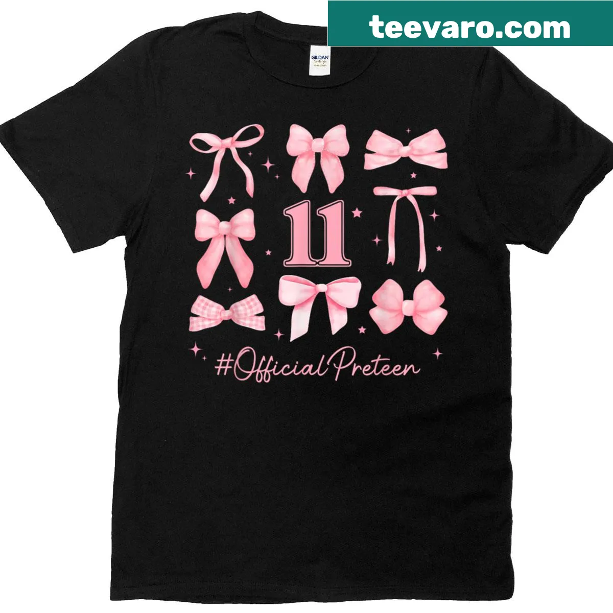 Pink T-shirt for 11 year old birthday girl with bow design — on a men's t-shirt