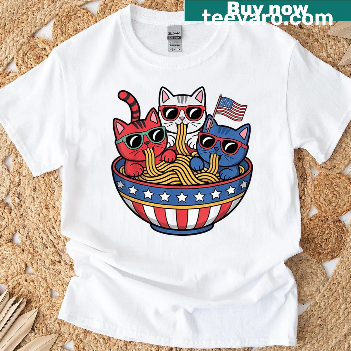 Funny 4th Of July t-shirt with anime cats and ramen design. — on a men's t-shirt