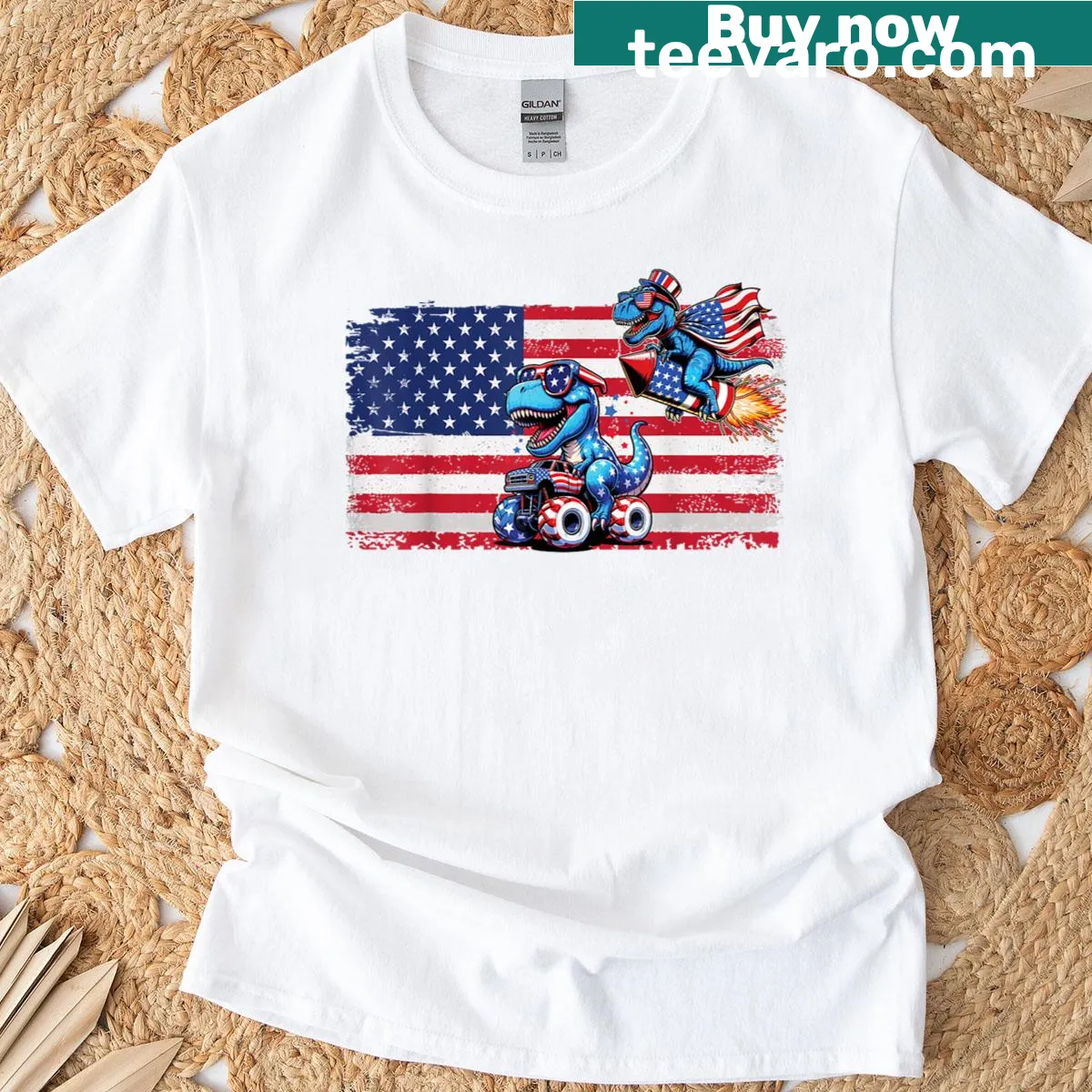 Kids t-shirt featuring a dinosaur in a rocket monster truck with USA flag. — on a men's t-shirt