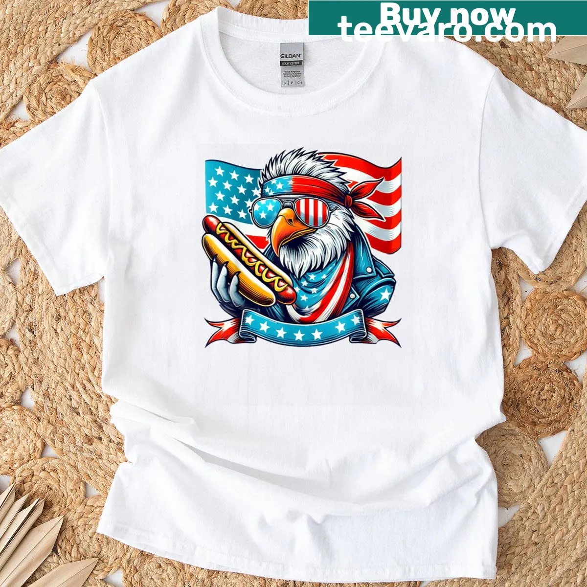Patriotic t-shirt featuring USA flag, bald eagle, and hotdog — on a men's t-shirt