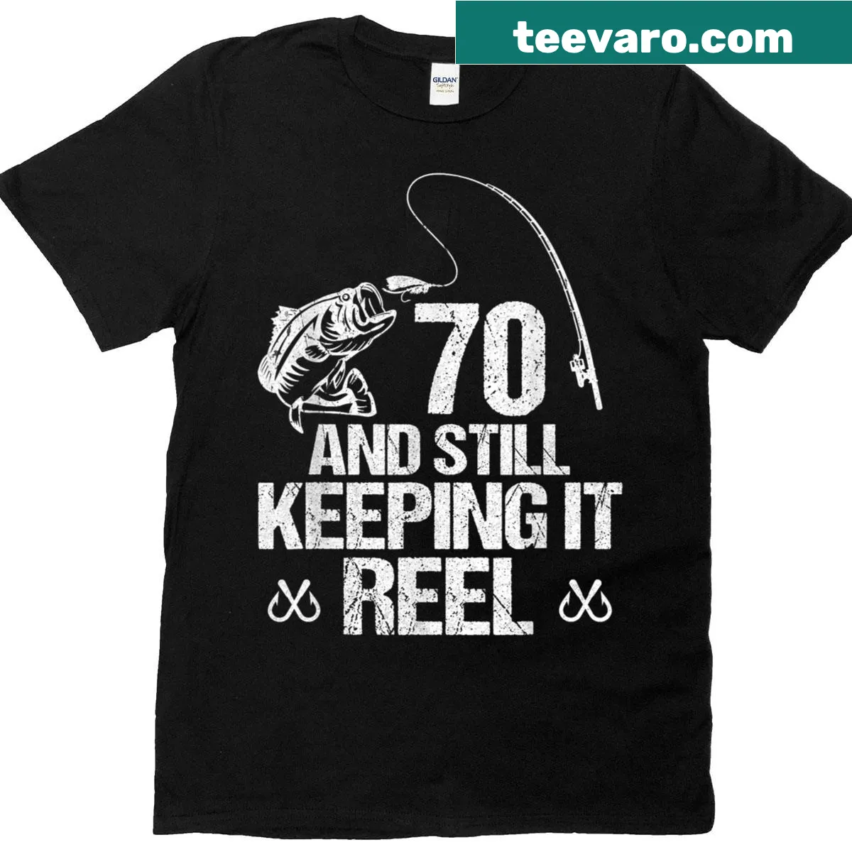 Fishing-themed T-shirt that celebrates a 70th birthday with a fun slogan. — on a men's t-shirt