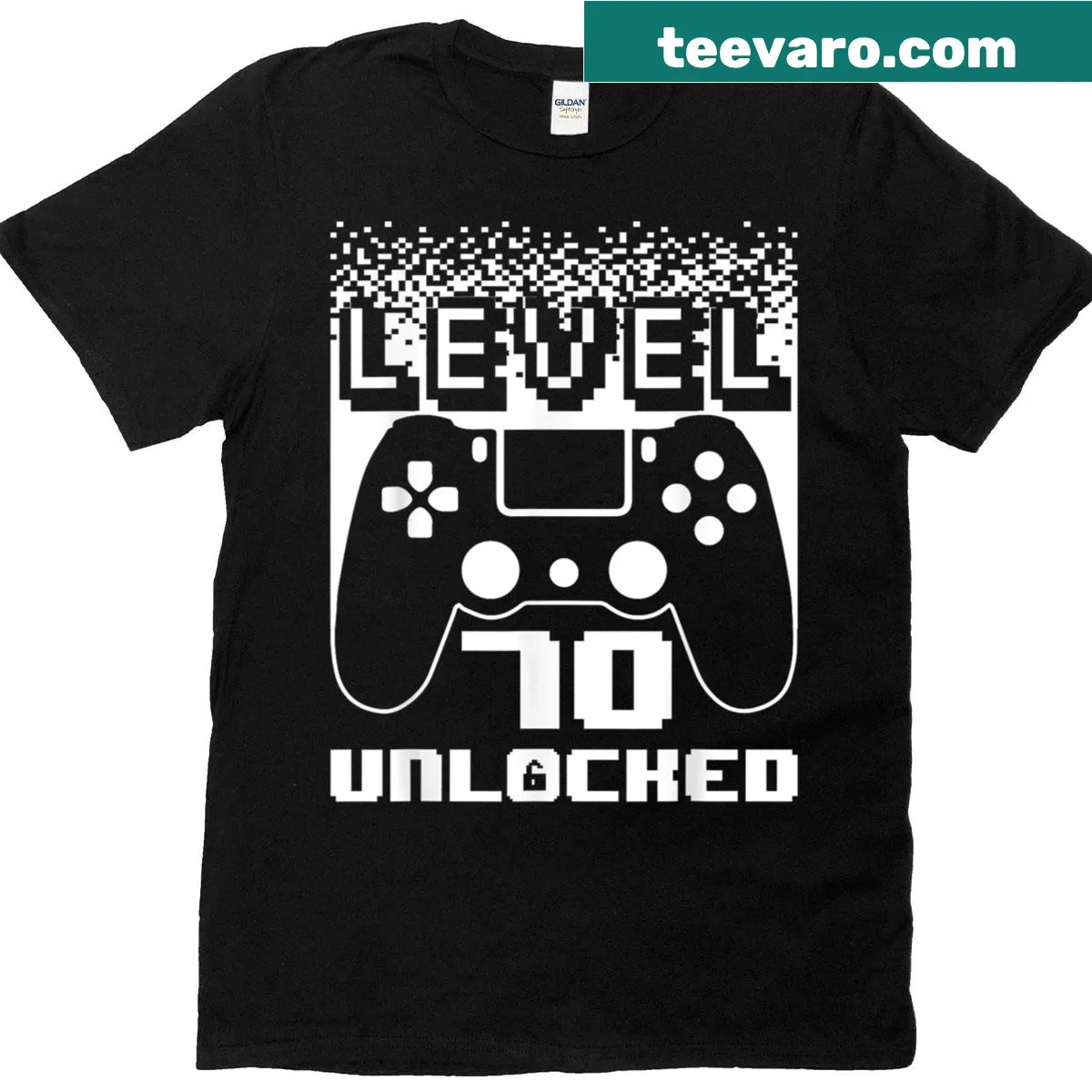 Gaming-themed T-shirt celebrating a 70th birthday with 'Level 70 Unlocked' text. — on a men's t-shirt