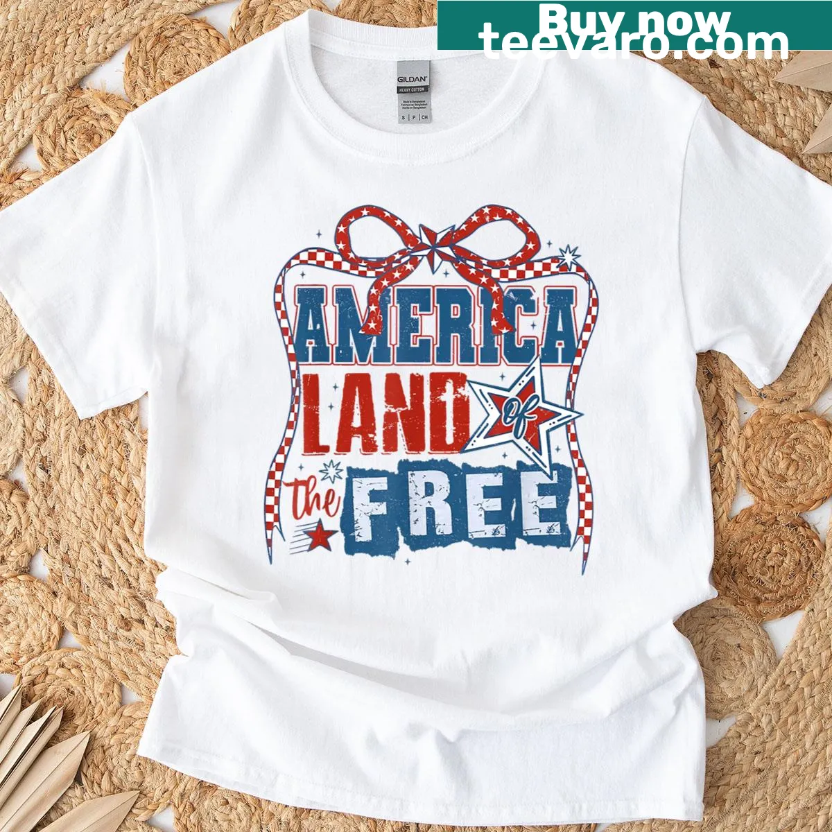 Retro coquette bow graphic for July 4th T-shirt — on a men's t-shirt