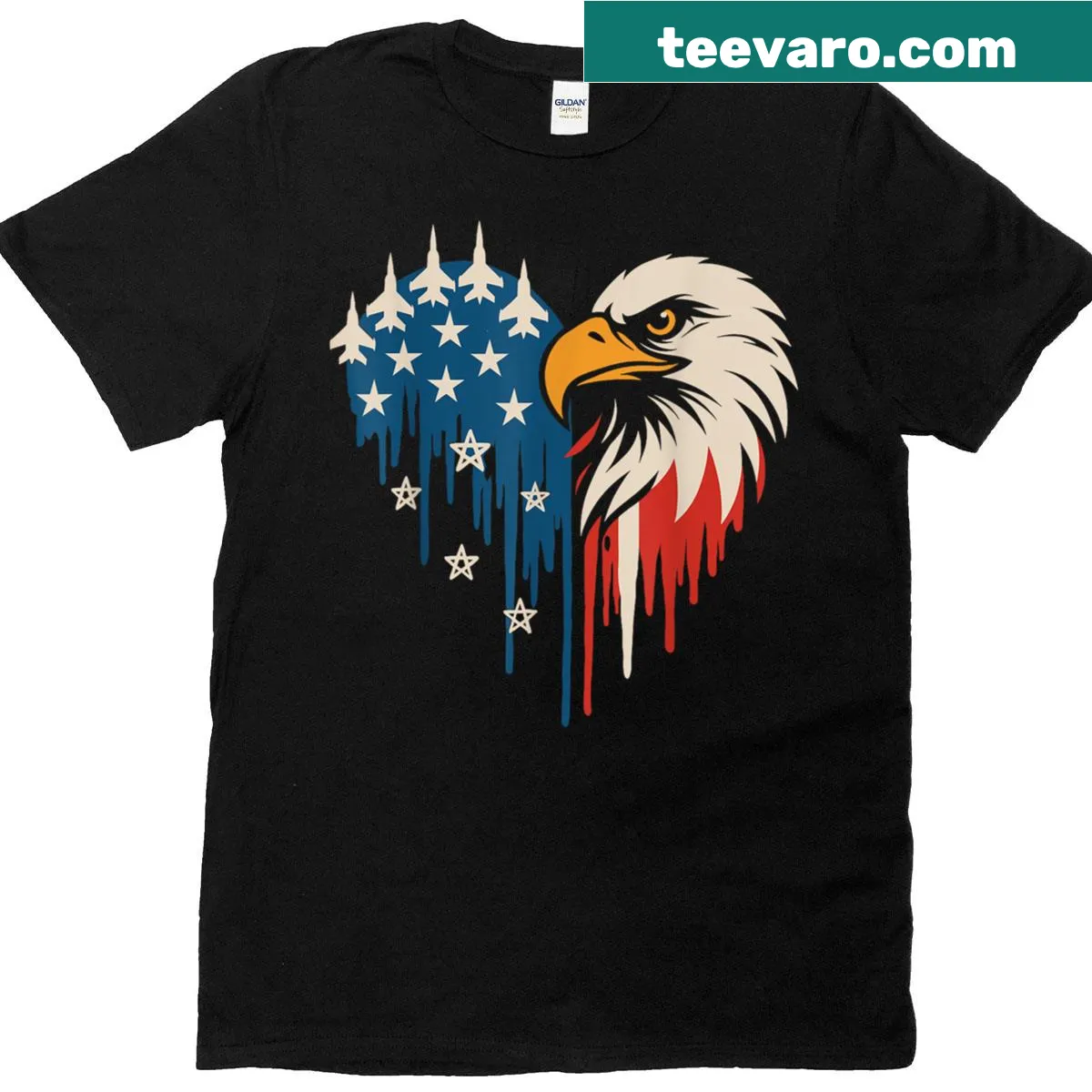 Patriotic T-shirt featuring American flag, bald eagle, and fighter jets — on a men's t-shirt