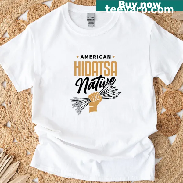 Hidatsa inspired design featuring 'Fist of Arrows' on a white t-shirt