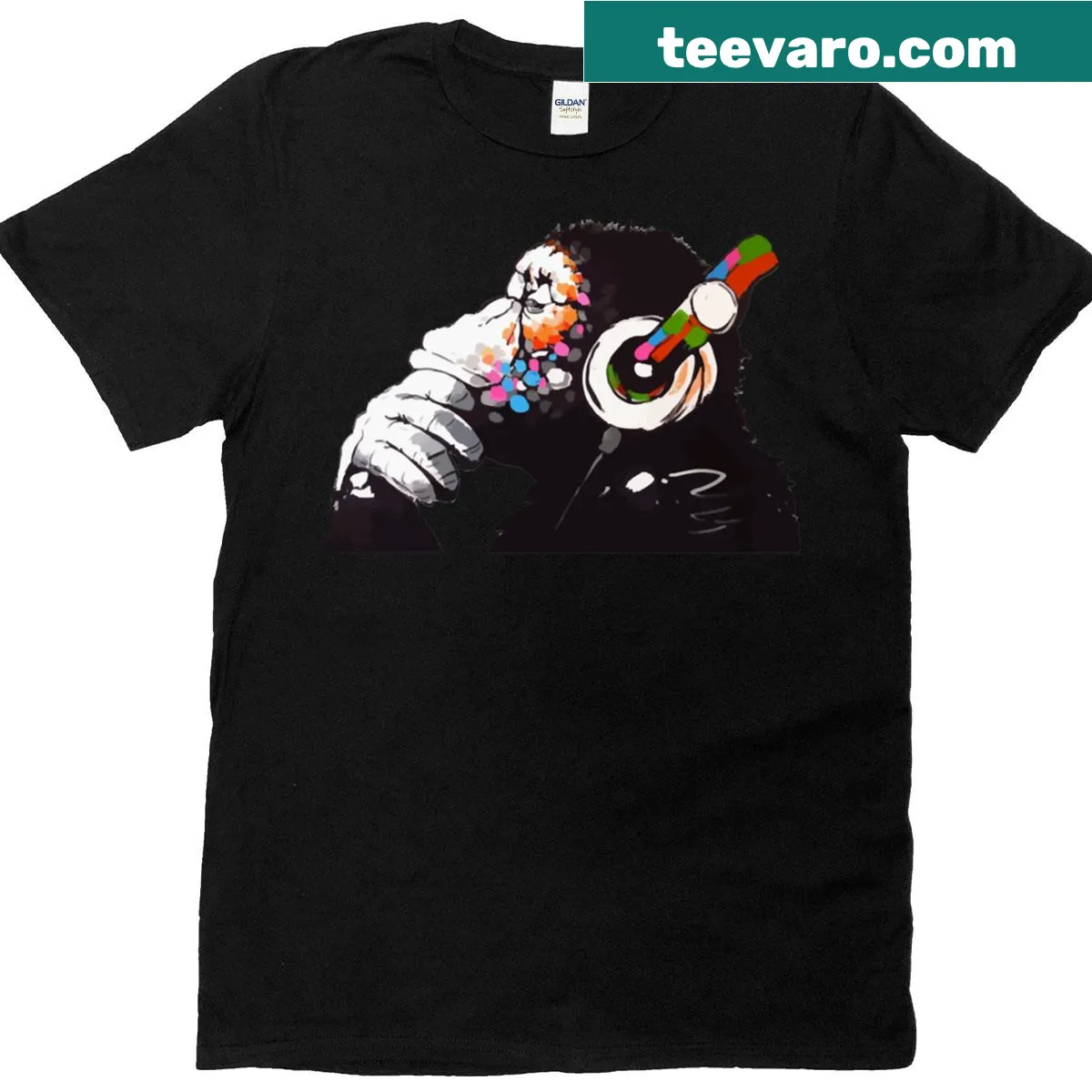DJ monkey thinker graphic inspired by Banksy on a t-shirt — on a men's t-shirt