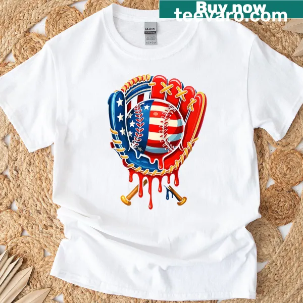Patriotic T-shirt with baseball glove and American flag design