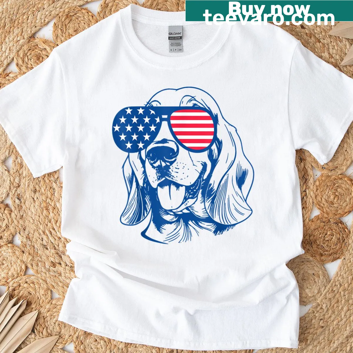 Basset Hound illustration with American flag on a T-shirt — on a men's t-shirt
