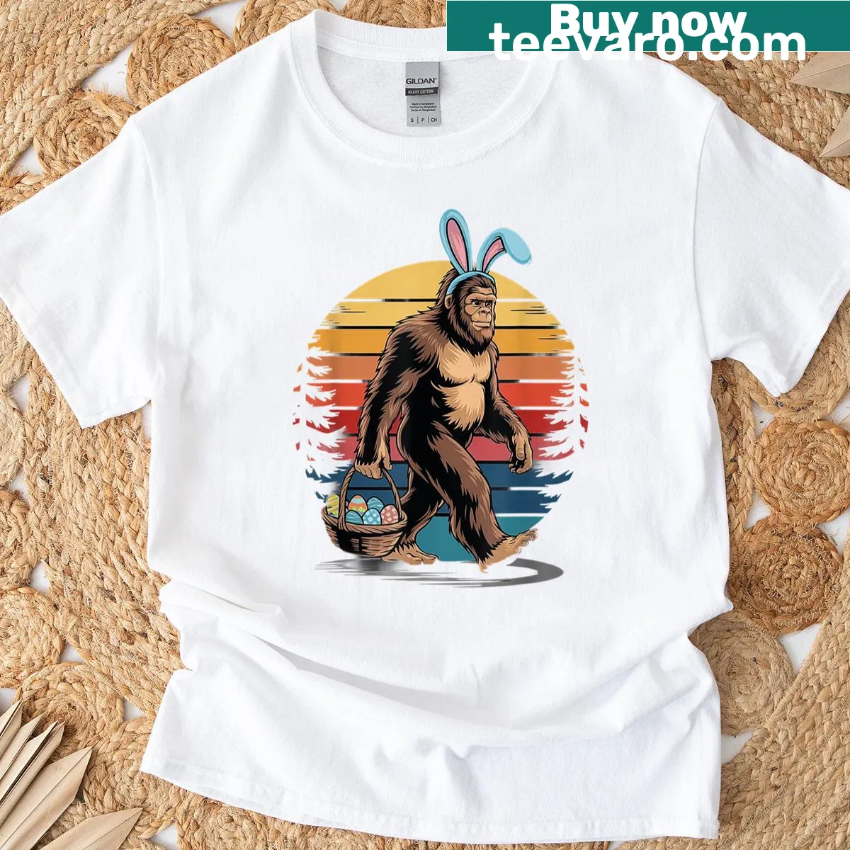 Retro Bigfoot Sasquatch with Easter eggs T-shirt — on a men's t-shirt