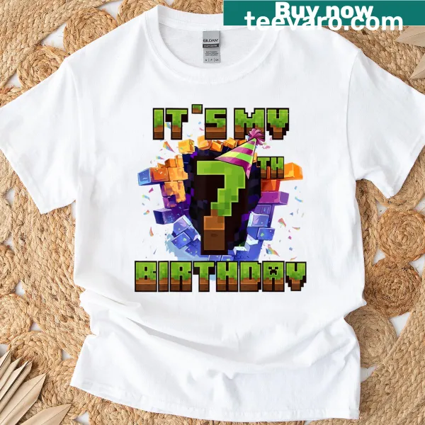 Pixelated birthday T-shirt for kids with video game graphics and text