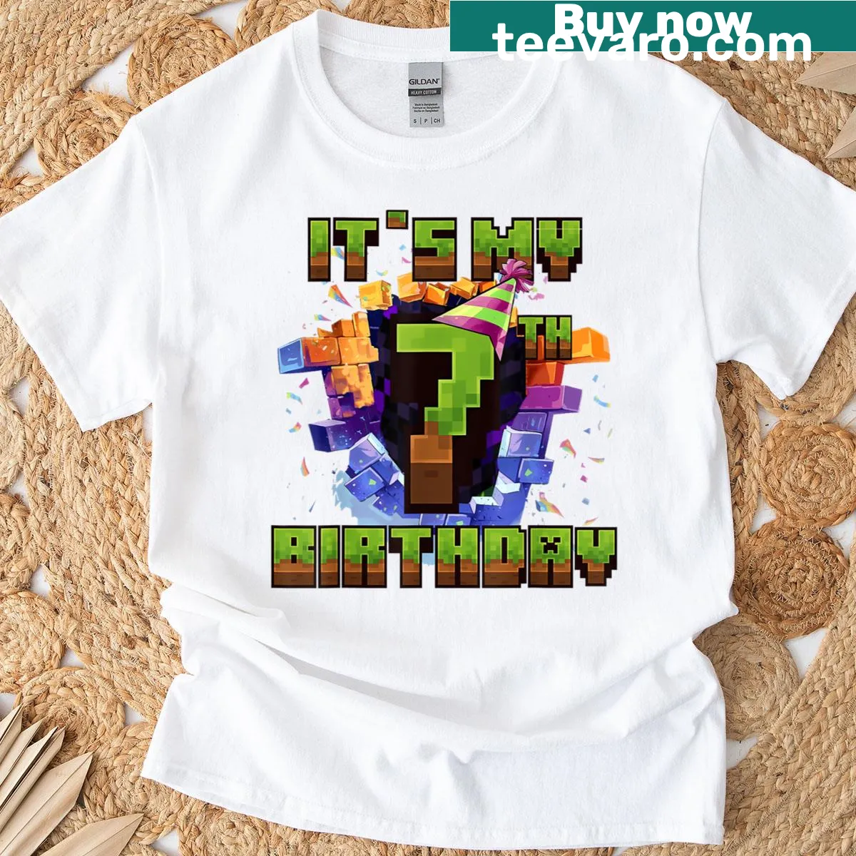 Pixelated birthday T-shirt for kids with video game graphics and text — on a men's t-shirt