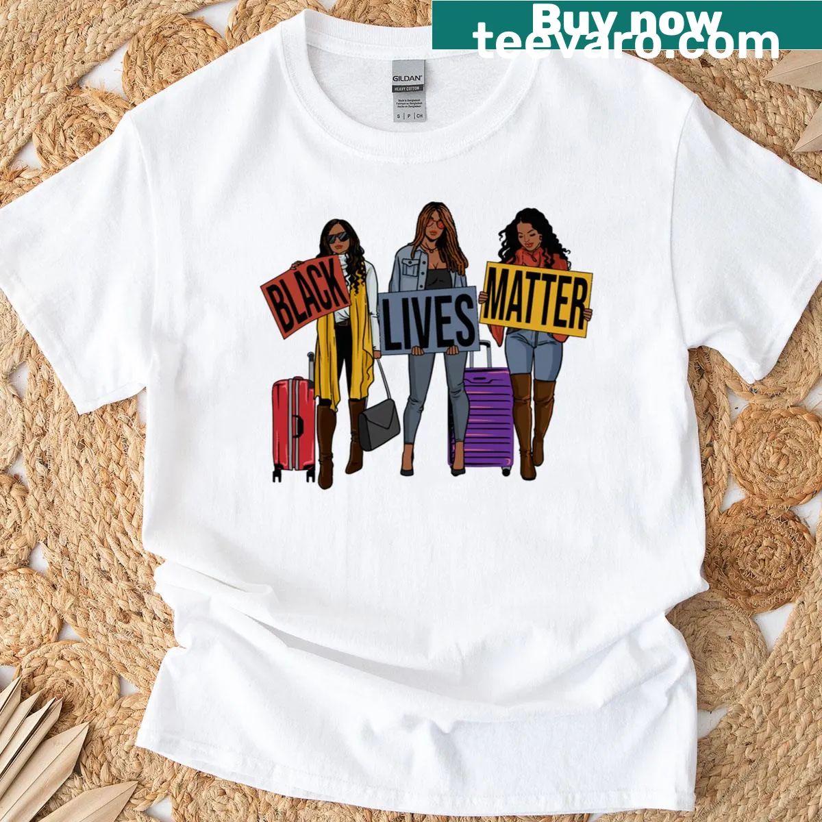 Empowering T-shirt with 'Black Lives Matter' and 'Melanin Poppin' text — on a men's t-shirt