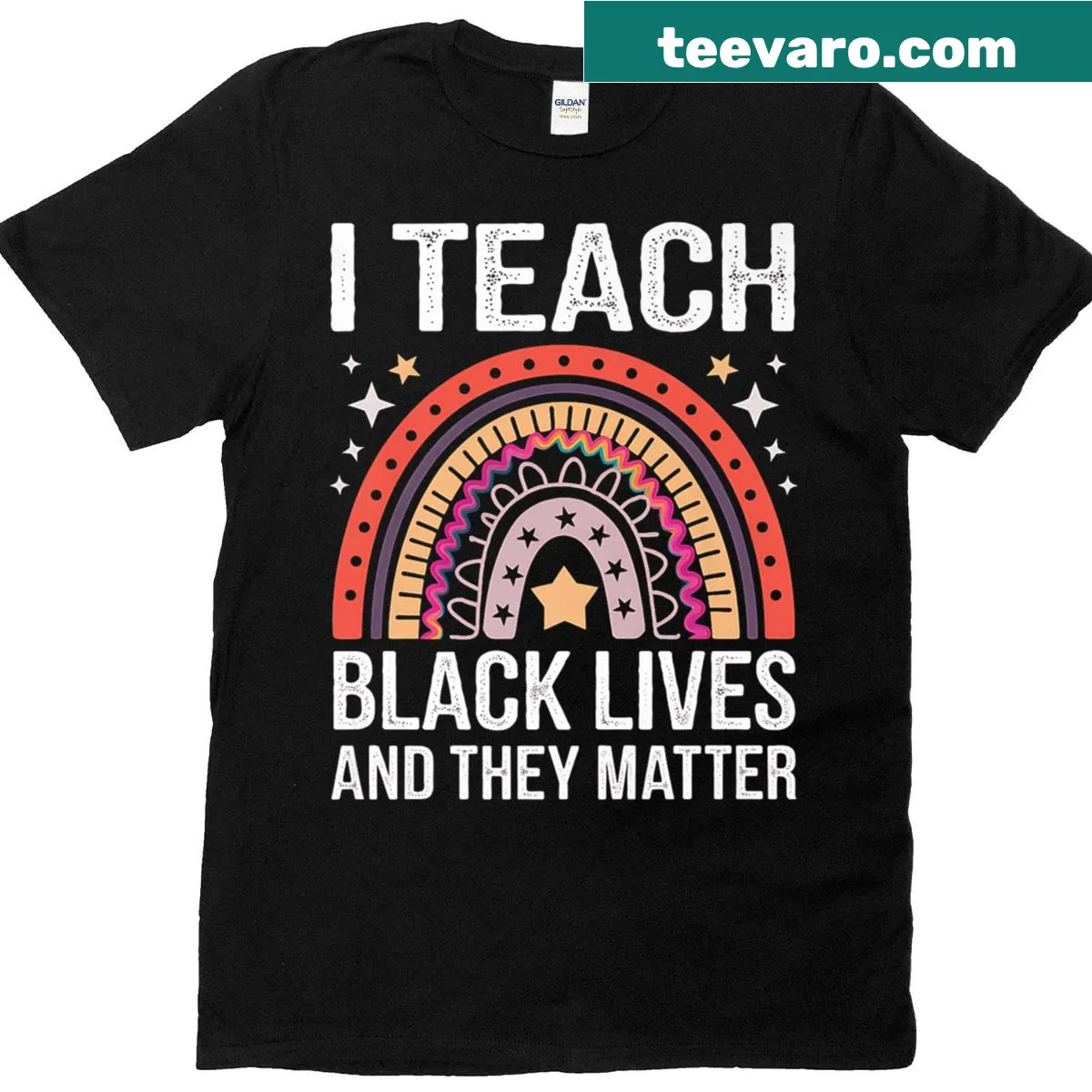 Teacher t-shirt with rainbow design promoting equality and antiracism — on a men's t-shirt