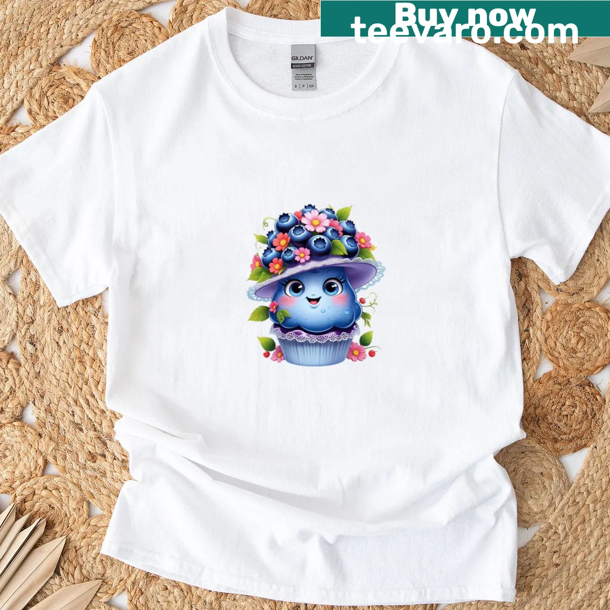 Cute T-shirt featuring a blueberry cupcake illustration — on a men's t-shirt