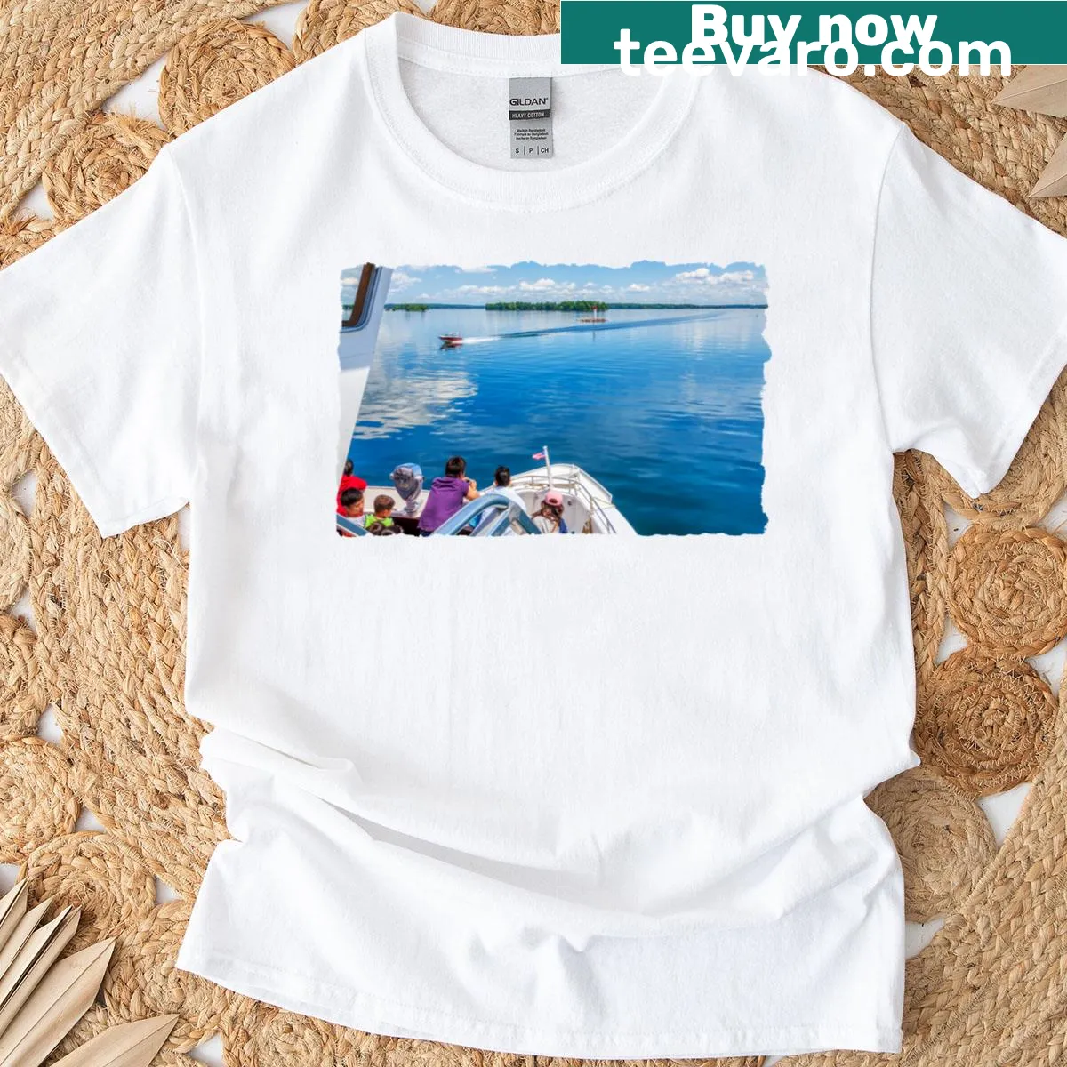 Illustrative T-shirt of a peaceful boat trip on St. Laurent River — on a men's t-shirt