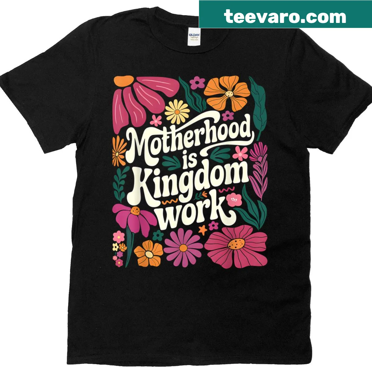 Boho floral graphic with text 'Motherhood is Kingdom Work' for moms — on a men's t-shirt