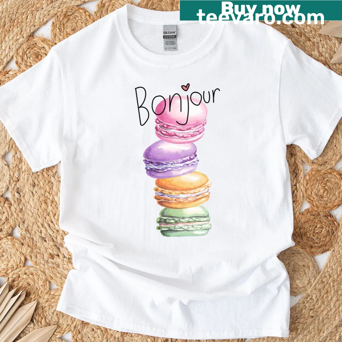 Cute T-shirt featuring illustrated macarons dessert art — on a men's t-shirt