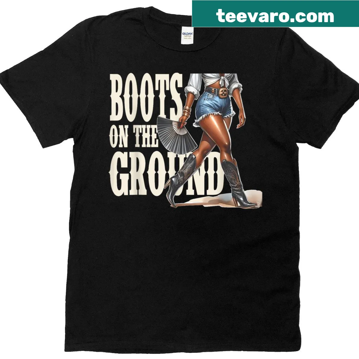 Illustration of a black cowgirl with the phrase 'Boots On The Ground' — on a men's t-shirt