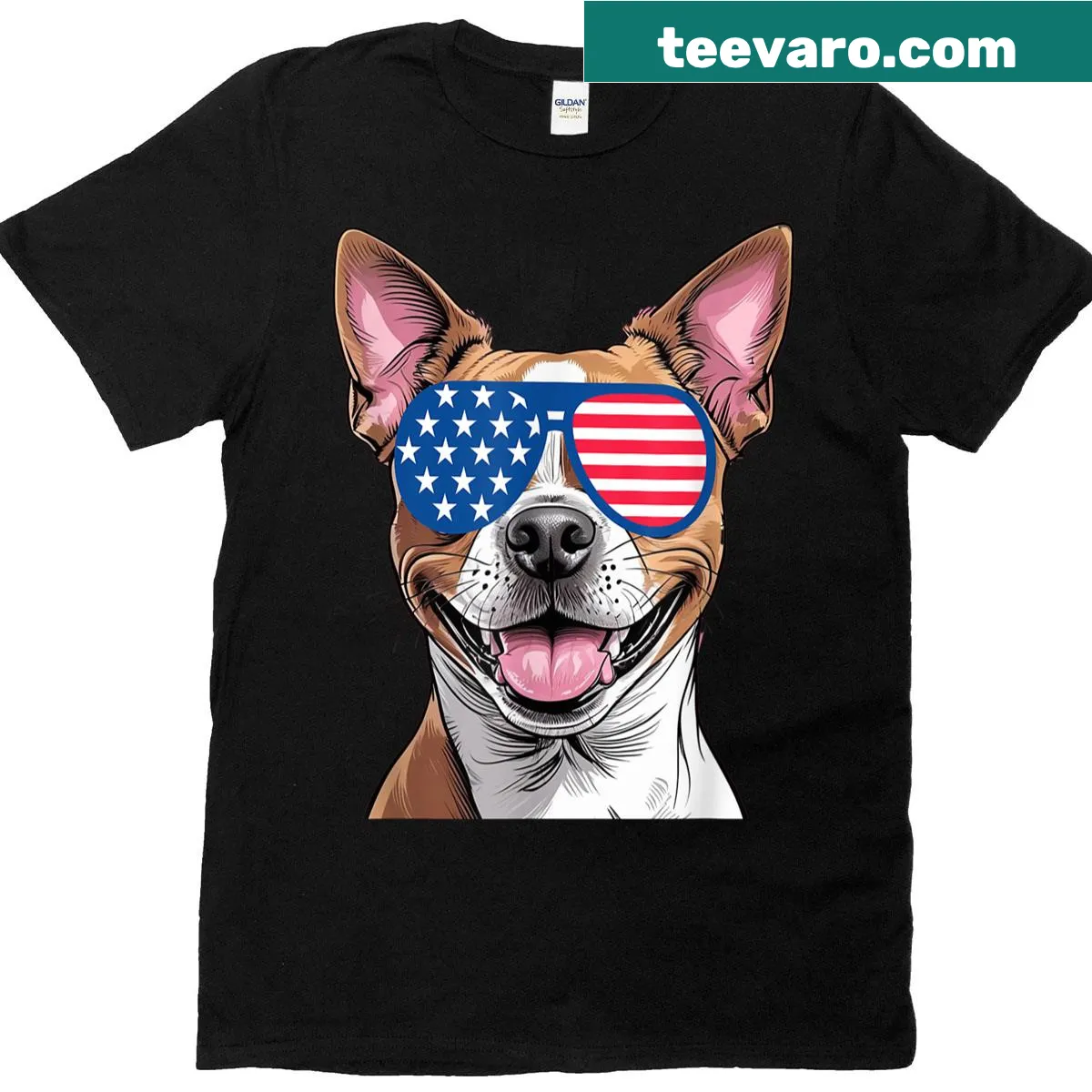 Boston Terrier with American flag for 4th of July — on a men's t-shirt
