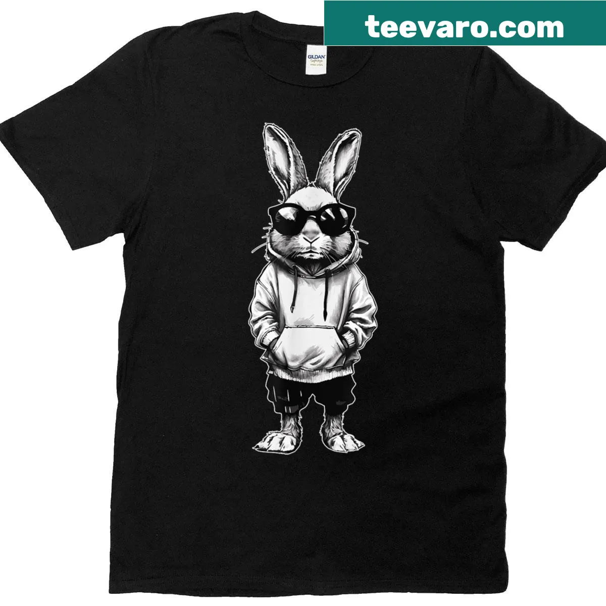 Cute bunny face with sunglasses printed on an Easter-themed t-shirt — on a men's t-shirt