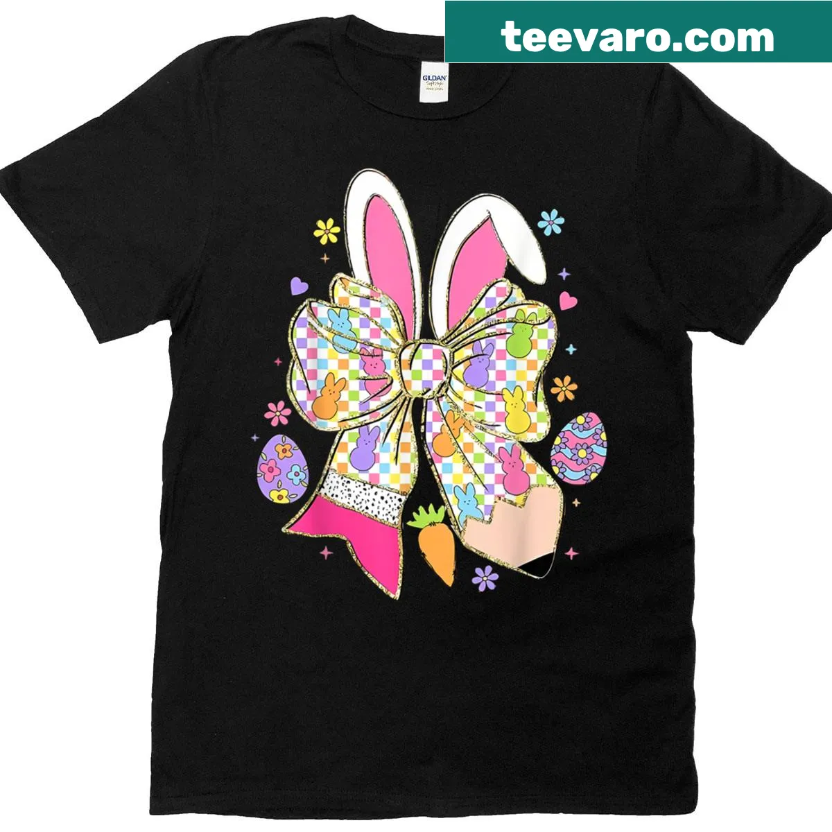 Illustration of a bunny saying 'Happy Easter' — on a men's t-shirt