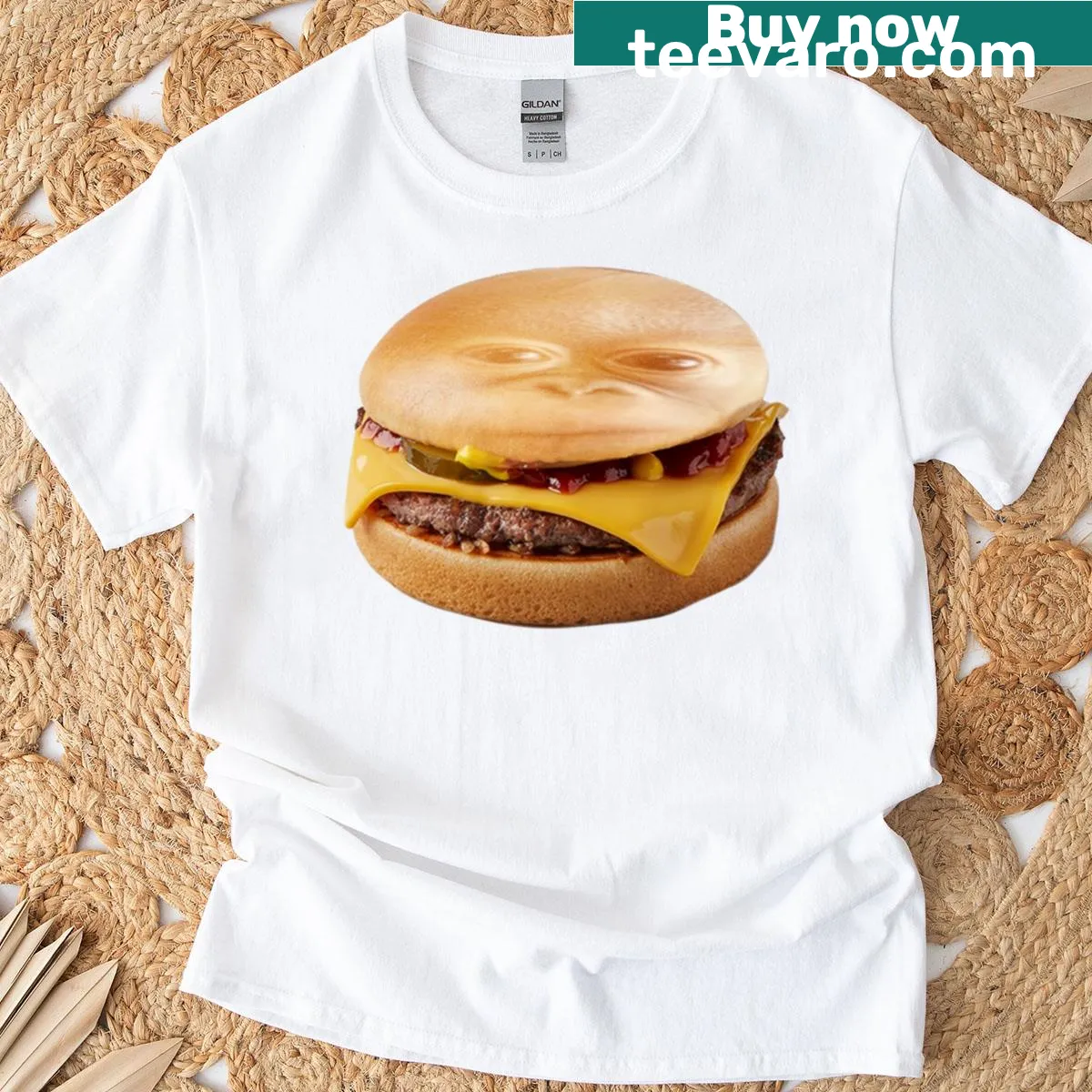 Funny cartoon of an orangutan eating a burger on a t-shirt — on a men's t-shirt