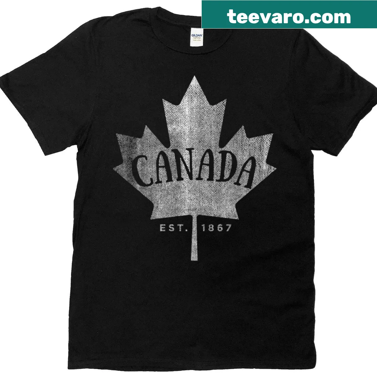 Vintage script design with a maple leaf representing Canada Est 1867 on a T-shirt — on a men's t-shirt