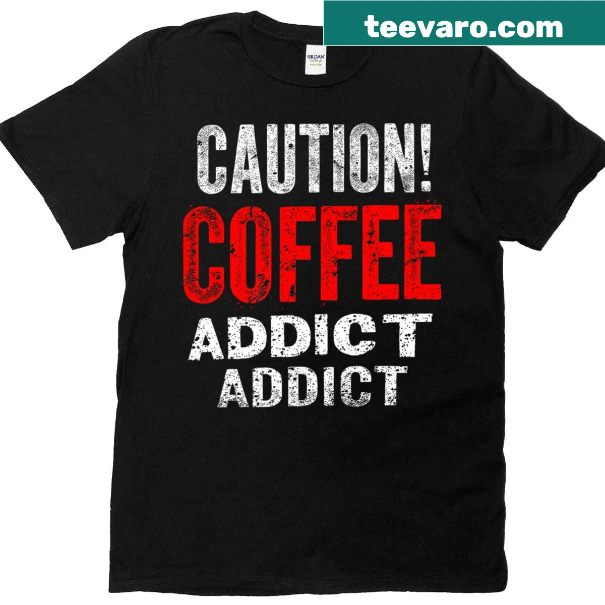 Premium Caution Coffee Addict t-shirt featuring caution sign design — on a men's t-shirt