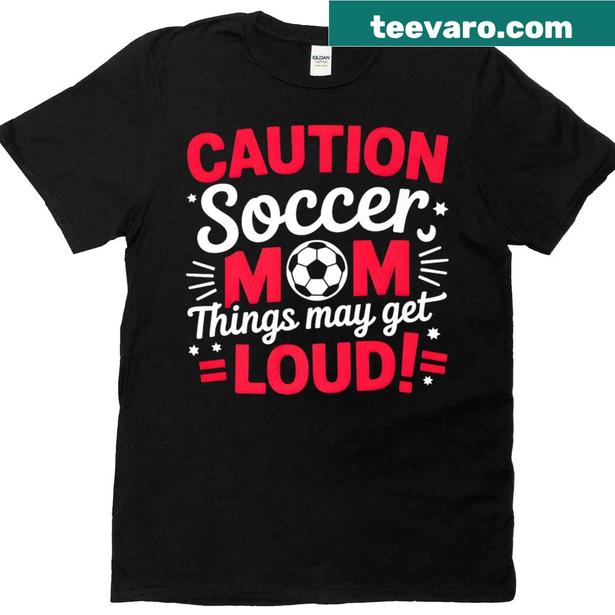 Caution Soccer Mom T-shirt with bold text warning of loudness — on a men's t-shirt