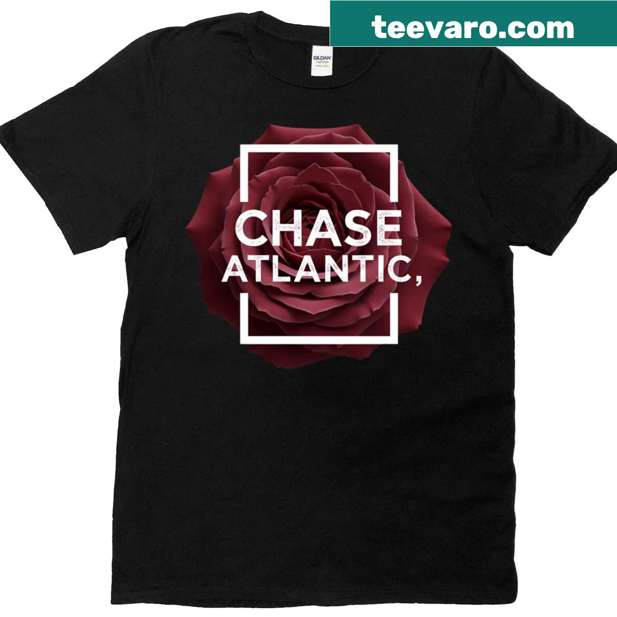 Chase Atlantic T-shirt featuring a bold rose logo design. — on a men's t-shirt