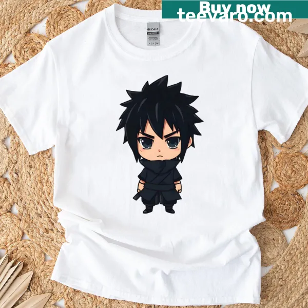 Chibi ninja boy in black outfit illustrated on a T-shirt.