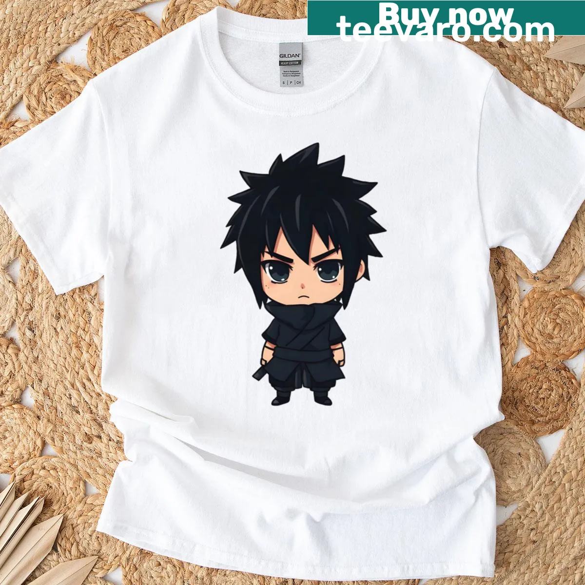 Chibi ninja boy in black outfit illustrated on a T-shirt. — on a men's t-shirt