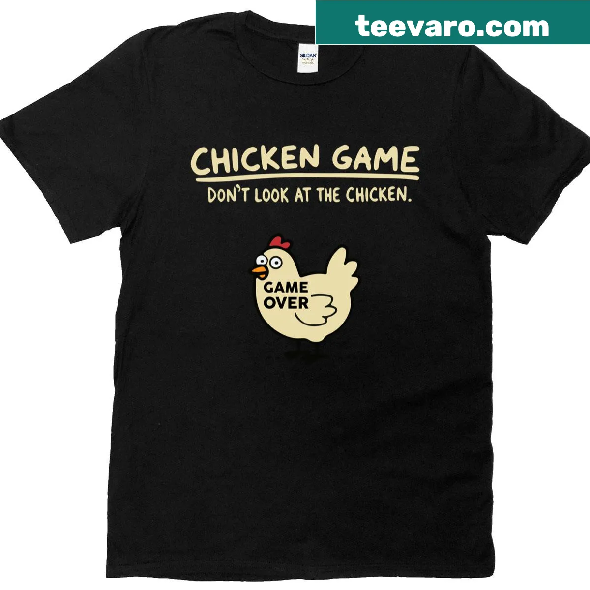 Humorous T-shirt with 'Don't Look At The Chicken' text — on a men's t-shirt
