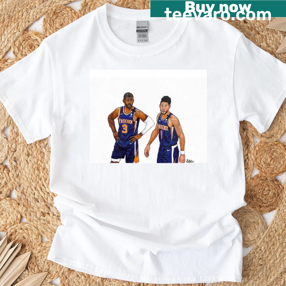 Illustration of Chris Paul and Devin Booker on Phoenix Suns T-shirt — on a men's t-shirt