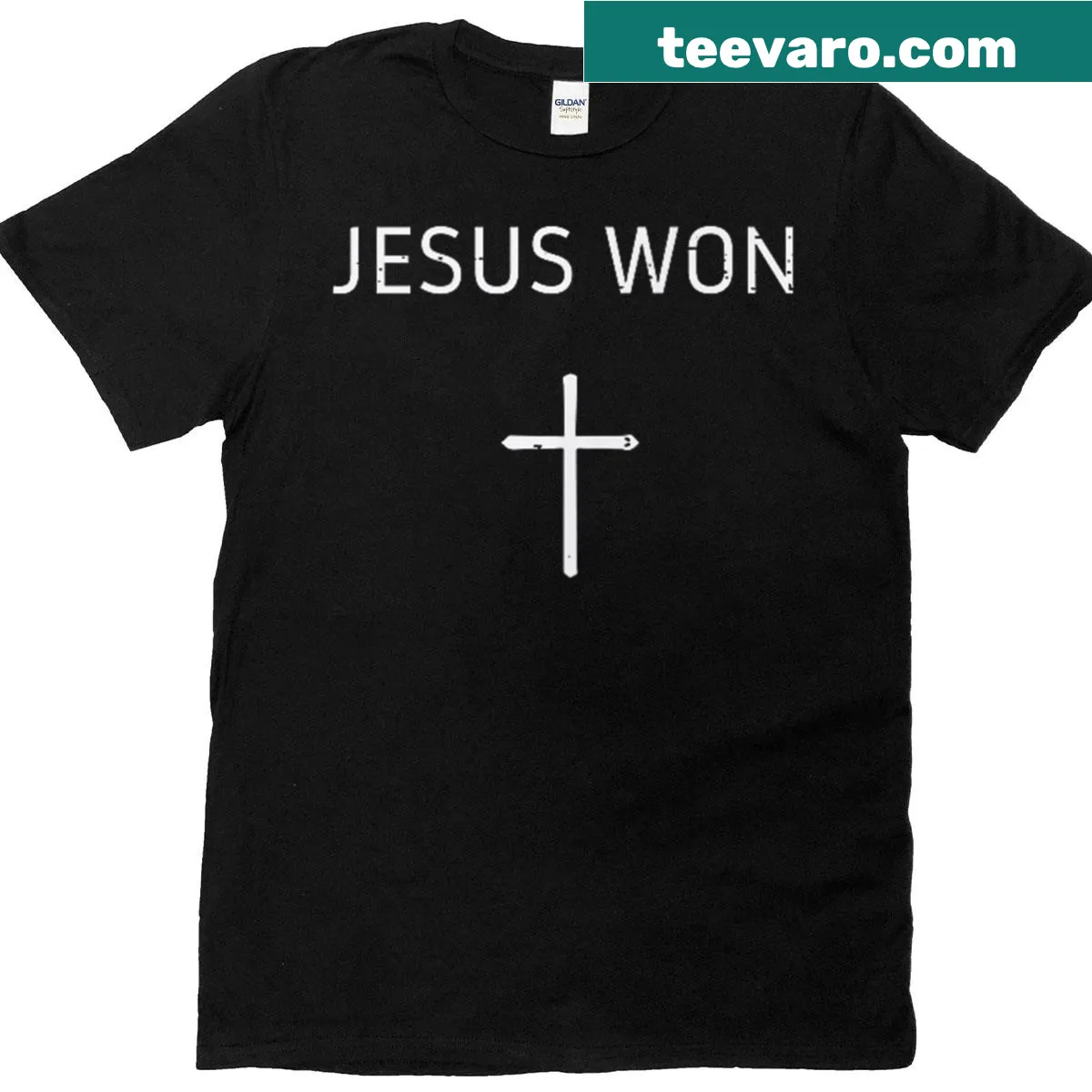 Christian t-shirt featuring cross and 'Jesus Won' message — on a men's t-shirt