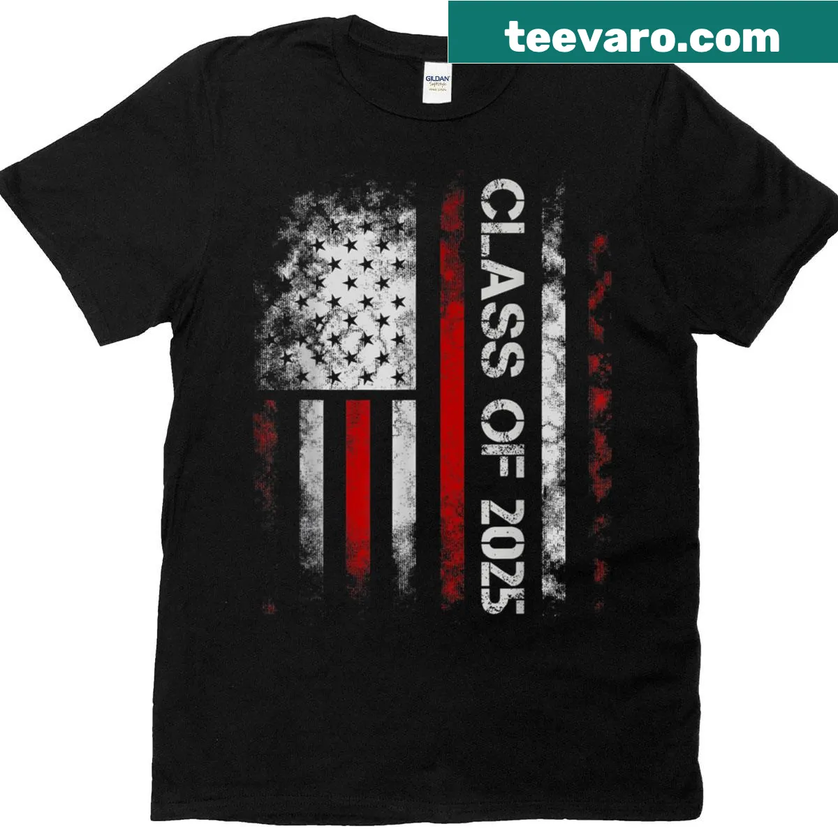 Class of 2025 graduation t-shirt with American flag design — on a men's t-shirt
