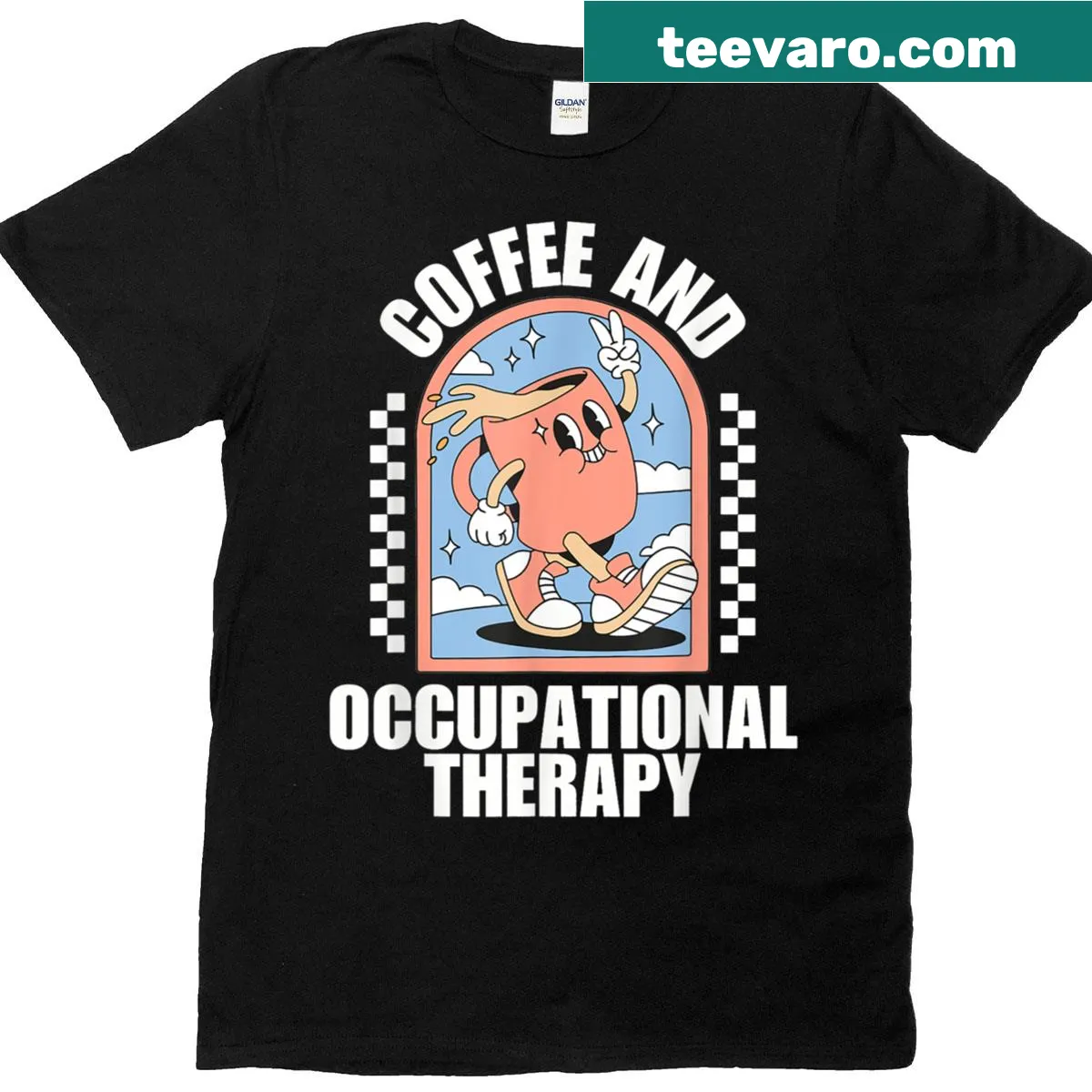 Vintage-style OT graduation t-shirt with coffee graphic — on a men's t-shirt