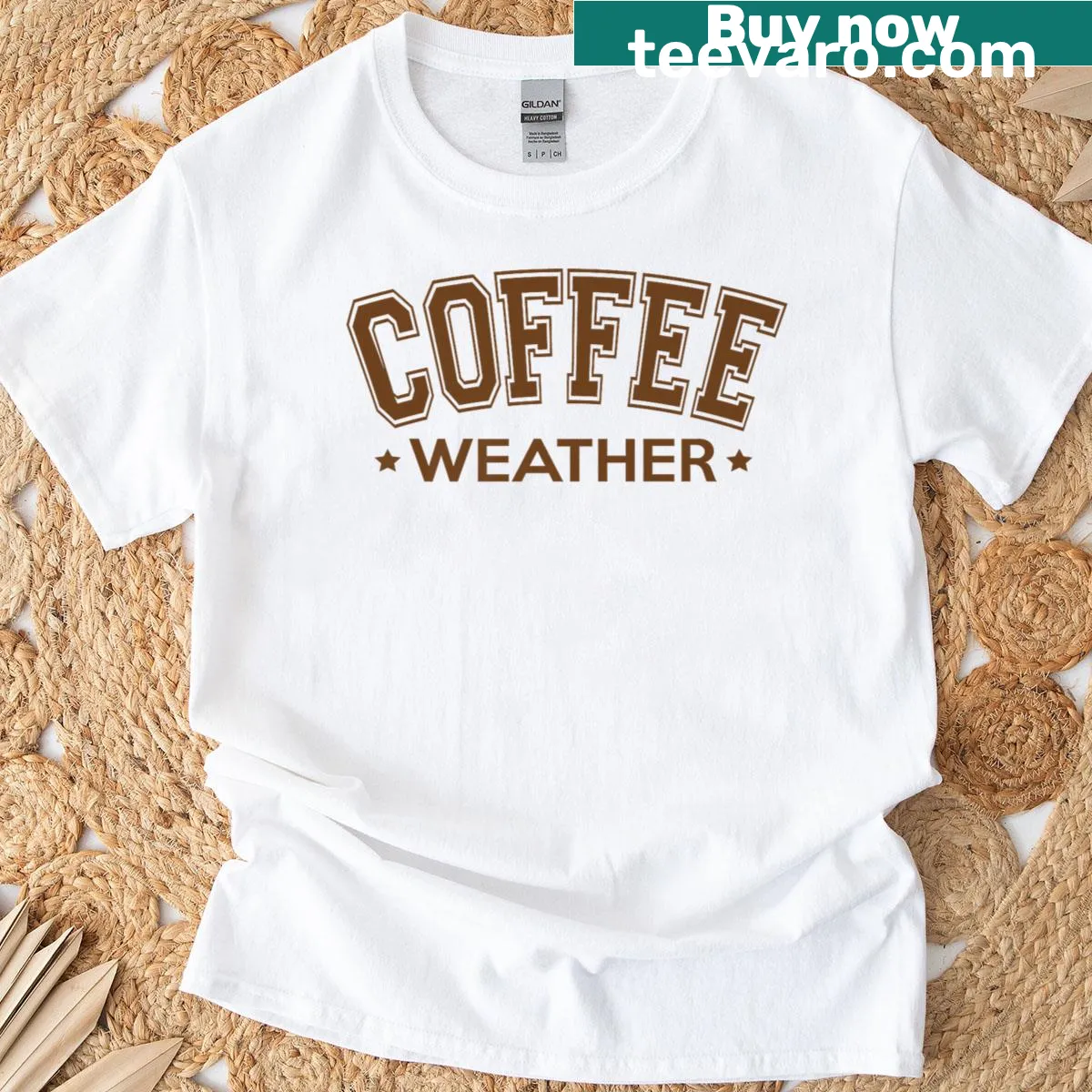 Coffee Weather graphic text on a T-shirt — on a men's t-shirt