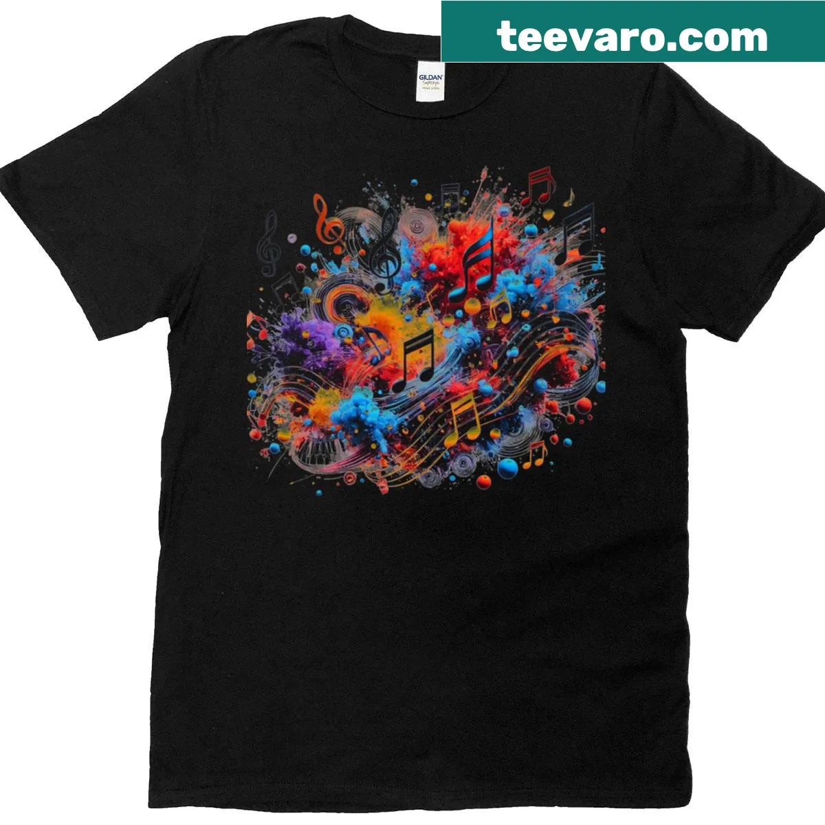Abstract music-themed t-shirt with colorful musical notes design — on a men's t-shirt