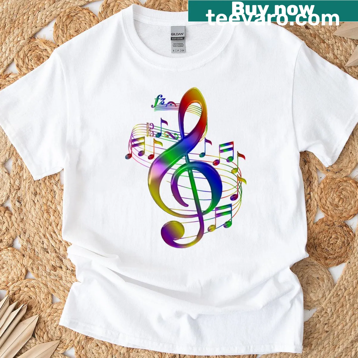 Illustrated treble clef and music notes on a t-shirt — on a men's t-shirt